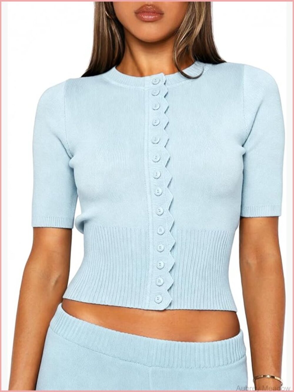 Short Sleeve Cropped Cardigan Sweater Lightweight Knit Crewneck Button Front